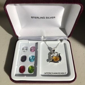 Sterling Silver Dolphin Necklace W/7 Stones, NWOT